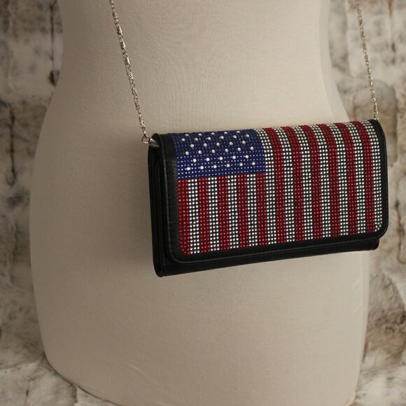 Patriotic Red White Blue Rhinestone Bling Black Hobo Crossbody Mini Shoulder Bag - Picture 4 of 11